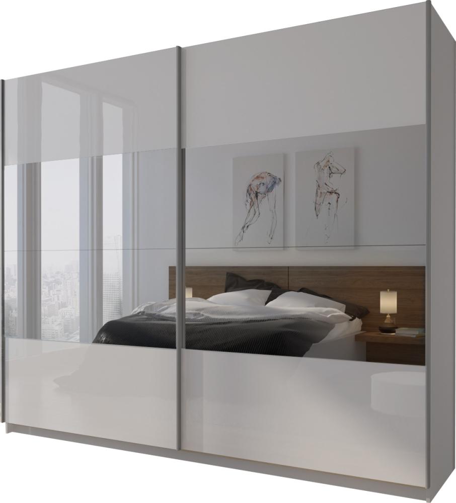 Domando Kleiderschrank Sila Modern für Schlafzimmer Breite 244cm, Schwebetüren, Hochglanz, Spiegel in Weiß Matt und Weiß Hochglanz mit Spiegel Bild 1