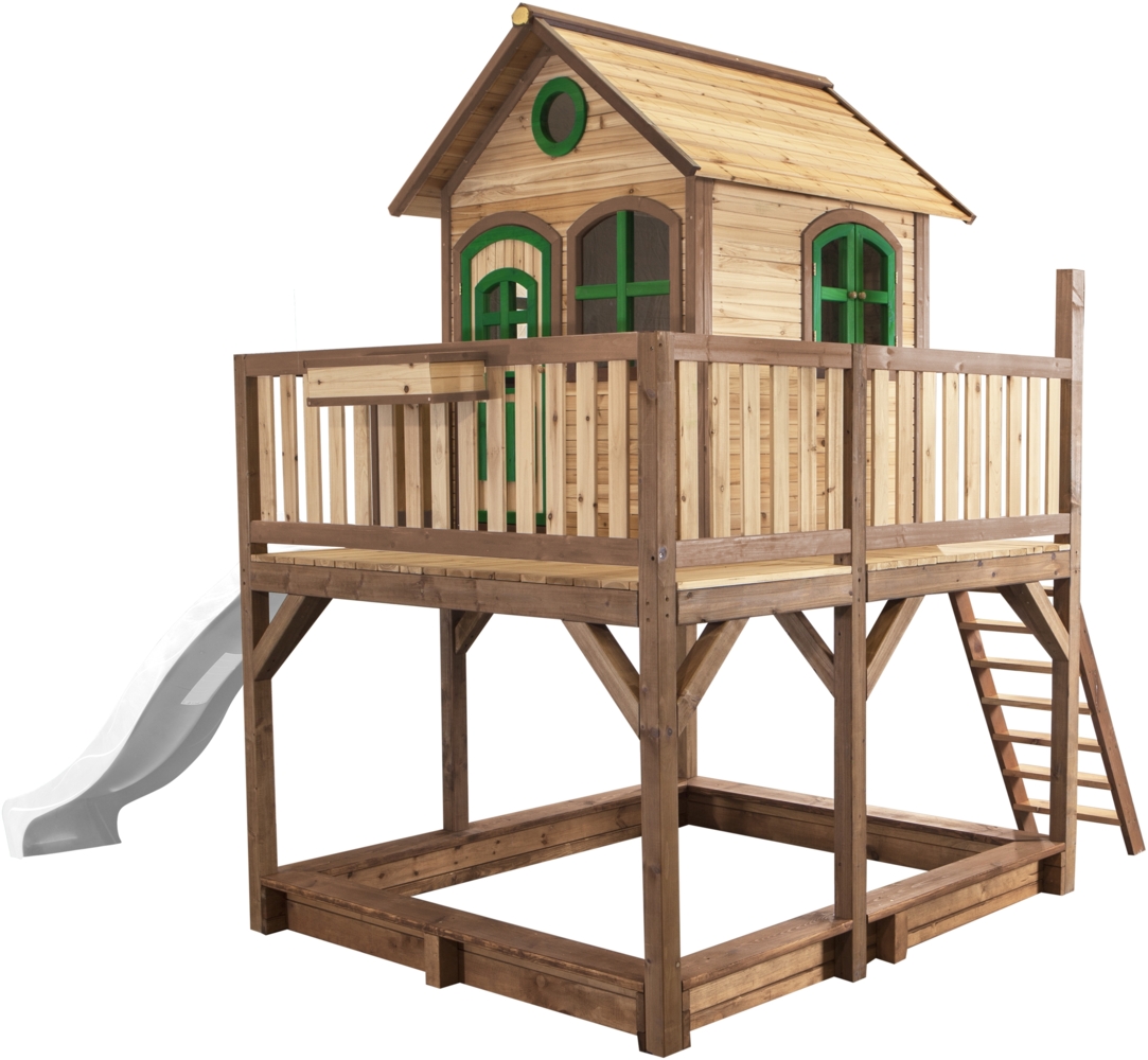 AXI Spielhaus Liam mit Sandkasten & weißer Rutsche Stelzenhaus XXL in Braun & Grün aus FSC Holz für Kinder | Braun, grün, weiß | Holz | 255 cm Bild 1