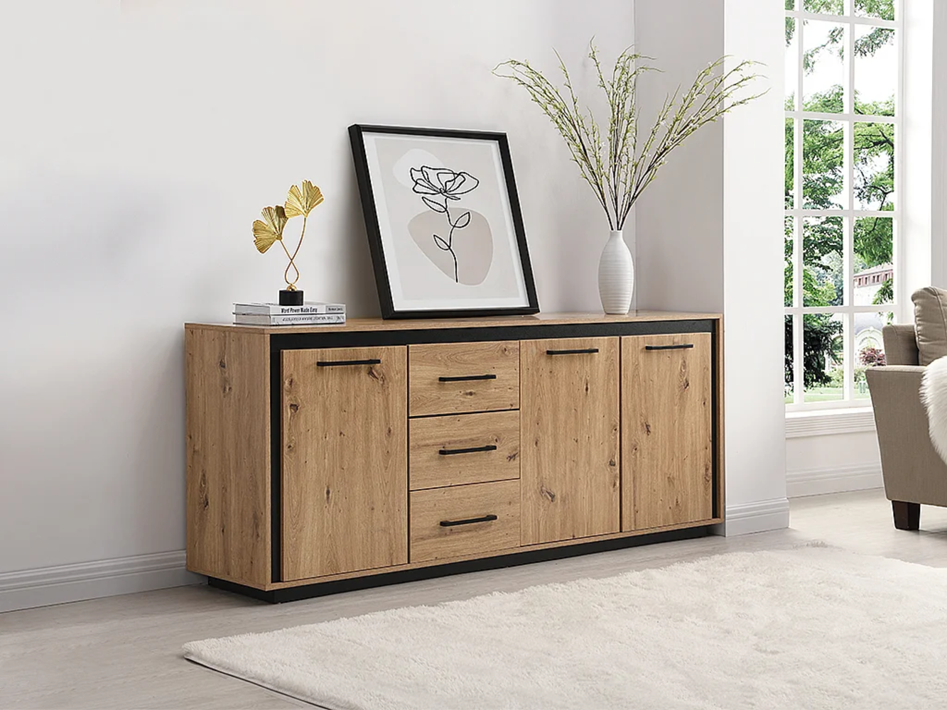 Vente-unique - Sideboard mit 3 Türen & 3 Schubladen - MDF - Naturfarben & Schwarz - NALAMANE Bild 1