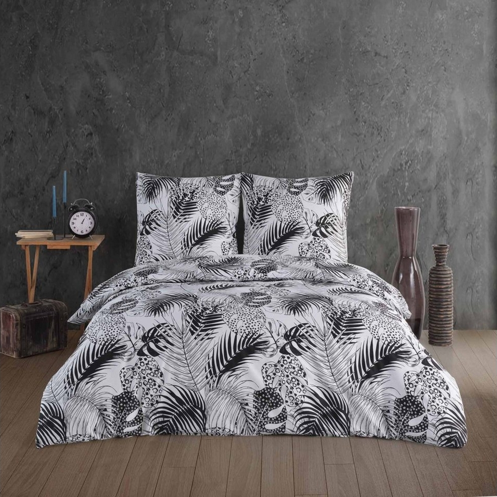 Buymax Bettwäsche Bettwäsche Bettbezug-Set Exotic, Renforce: 100% Baumwolle, 2 teilig, 155x220 cm, Reißverschluss Weiß Schwarz Palmenblätter Monstera Blätter Bild 1