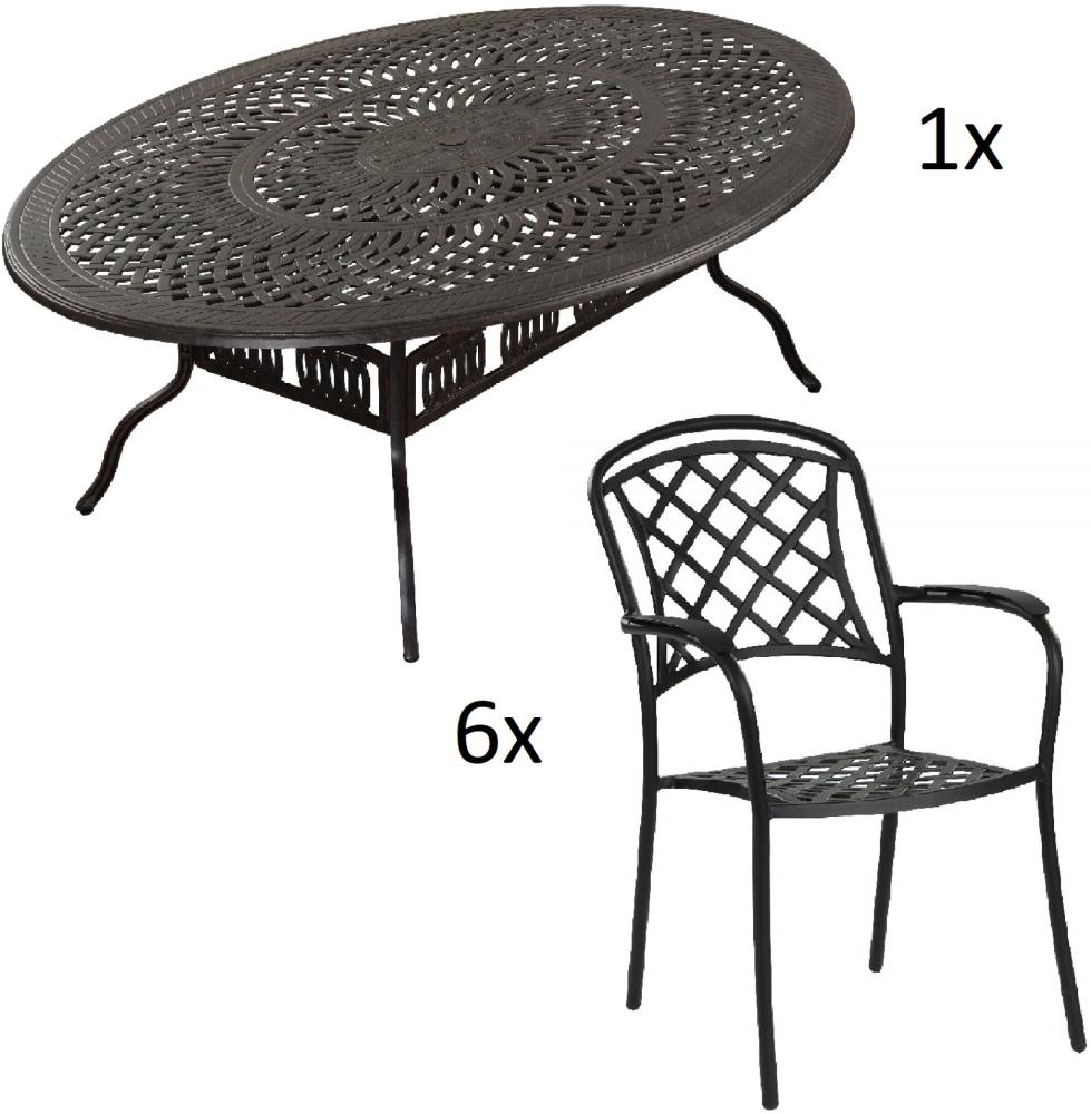 Inko 7-teilige Sitzgruppe Alu-Guss bronze Tisch oval 216x152x74 cm cm mit 6 Sesseln Tisch 216x152 cm mit 6x Sessel Capri Bild 1