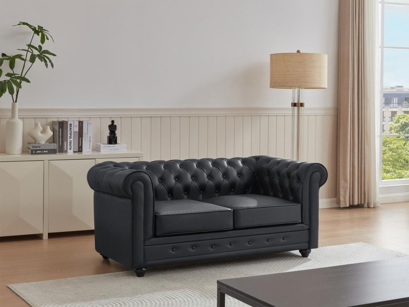 Vente-unique - Ledersofa 2-Sitzer - Büffelleder - Schwarz - CHESTERFIELD Bild 1