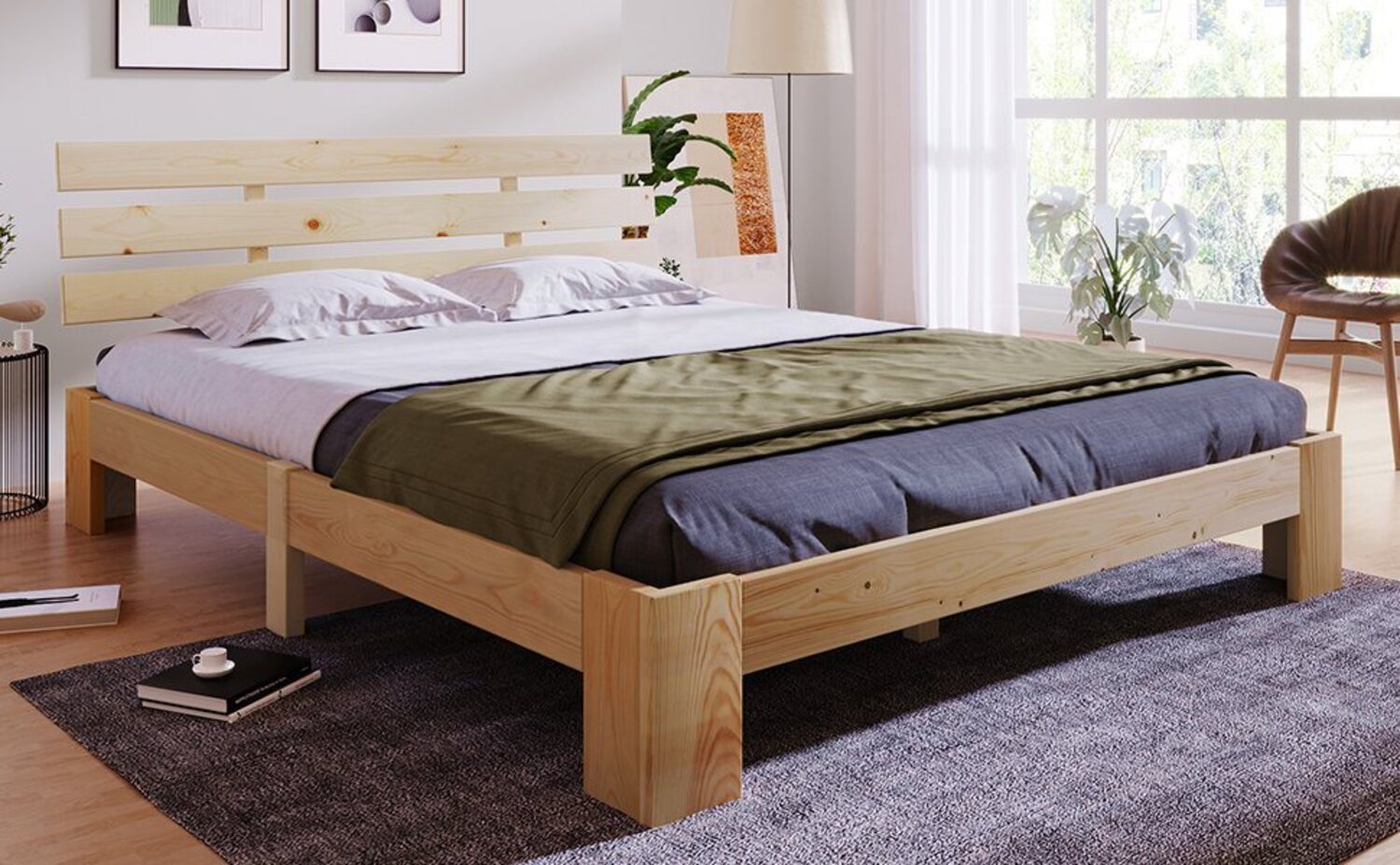 Ulife Massivholzbett Natur Doppelbett Holzbett Bettgestell mit Kopfteil (Ohne Matratze), Bettgestell mit Lattenrost 140 x 200 cm Bild 1