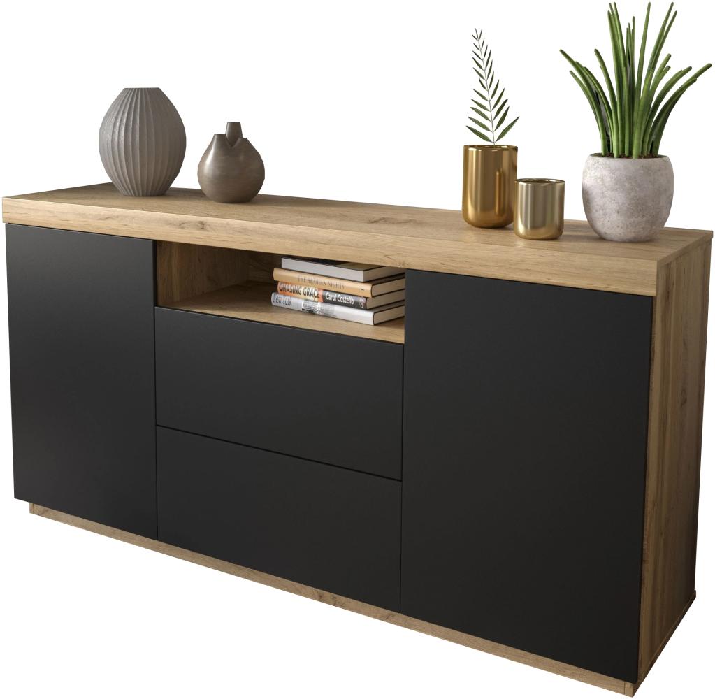 Domando Sideboard Ravello M1 Modern für Wohnzimmer Breite 164cm, Push-to-open-System in Wotan Eiche und Schwarz Matt Bild 1