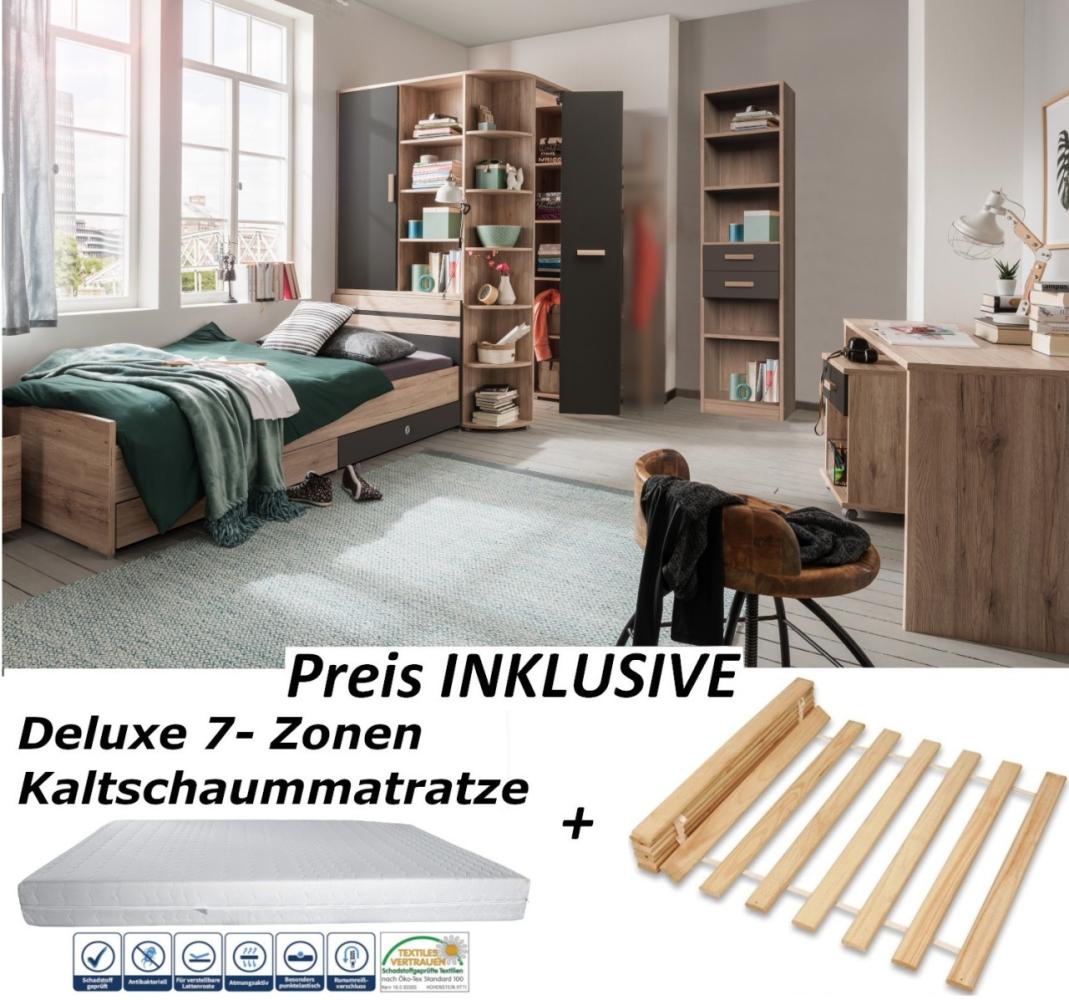 Jugendzimmer Cariba in Eiche San Remo und Graphit 8 teiliges Komplett Set mit begehbarem Eckschrank, Jugendbett mit Bettschubkästen, Schreibtisch und Rollcontainer, Standregal, INKLUSIVE Deluxe Matratze und Lattenrost Bild 1