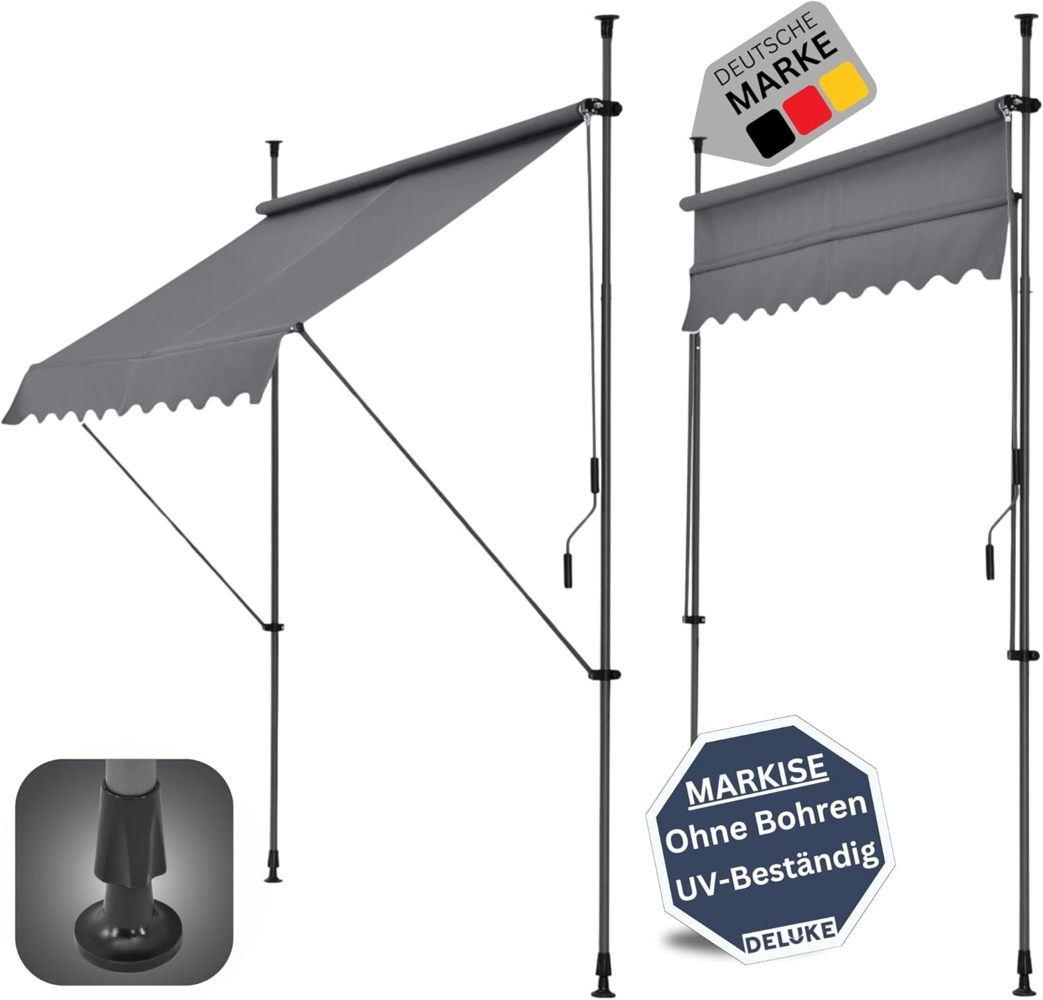 DELUKE® Klemmmarkise 250cm breit - mit Handkurbel Balkonmarkise ohne Bohren Sonnenschutz UV-beständig Sonnenmarkise höhenverstellbar Markise mit Gestell 250x120x200-300cm Grau Bild 1