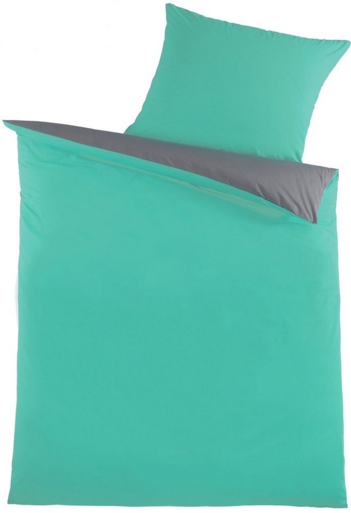 KH-Haushaltshandel Bettwäsche Renforce Baumwoll Bettwäsche, 135x200 + 80x80cm, uni Wende, Renforcé, eine Seite uni petrolgrün, die andere Seite uni grau, 100% Baumwolle Bild 1
