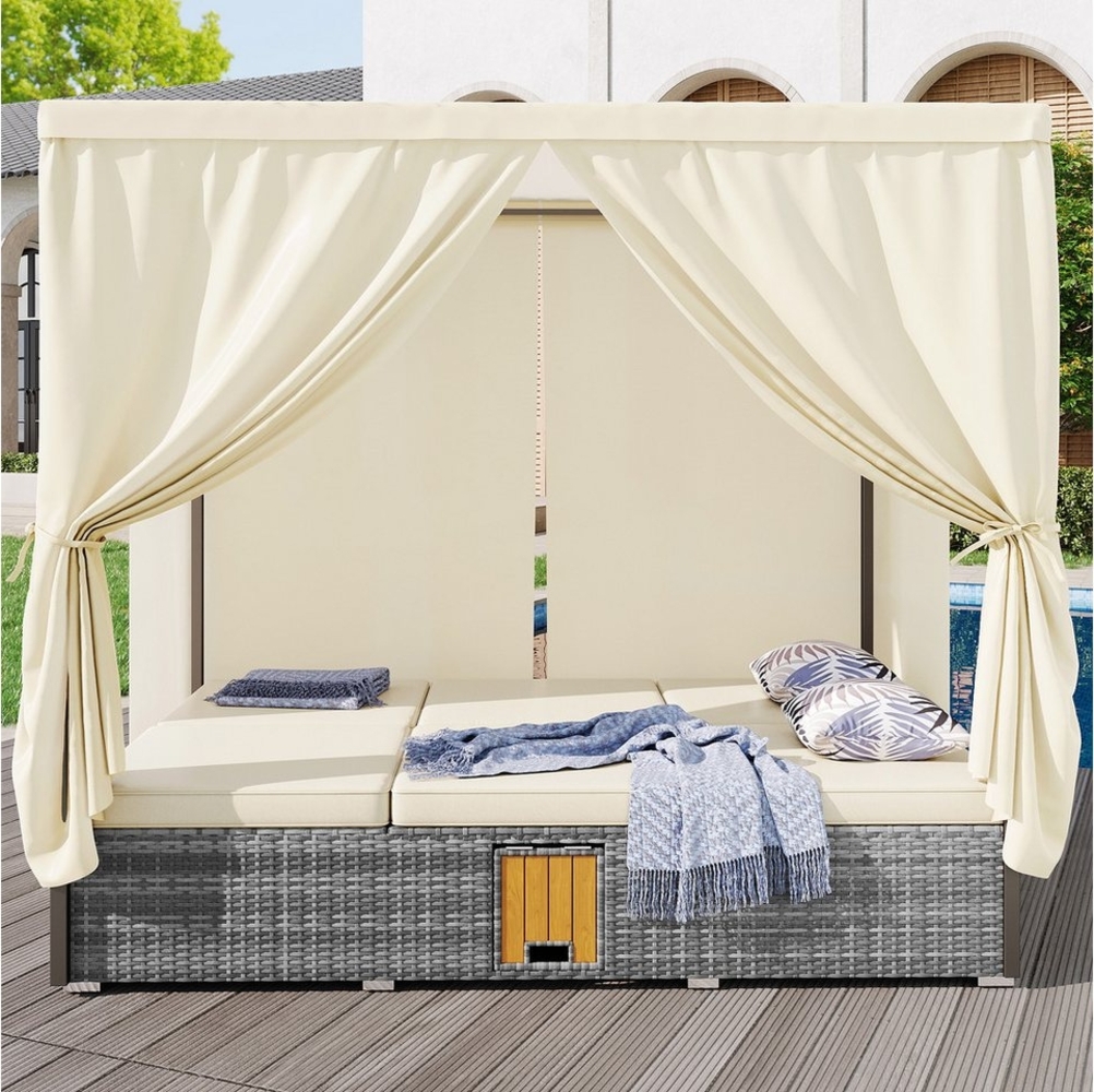 KLAM HOME Stuhl Gartenliege Doppelbett,Rattanliege,mit Schattenvorhang, wetterfest (Gartenliege Outdoor Gartenliege Doppelbett verstellbare Rückenlehne), für Terrasse & Garten, klappbar, mit Kissen & Klapptisch Bild 1