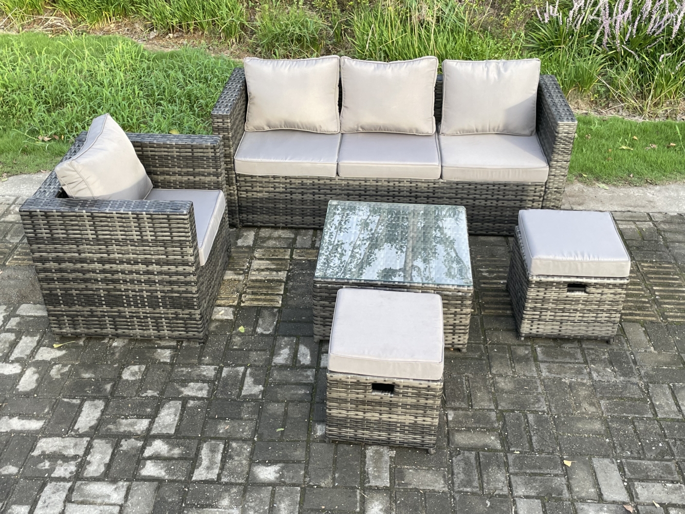 Fimous 5 PCS Lounge Sofa Set Wicker PE Rattan Gartenmöbel Set mit Sessel Square Couchtisch 2 Kleine Fußhocker Dunkelgrau Gemischt Bild 1