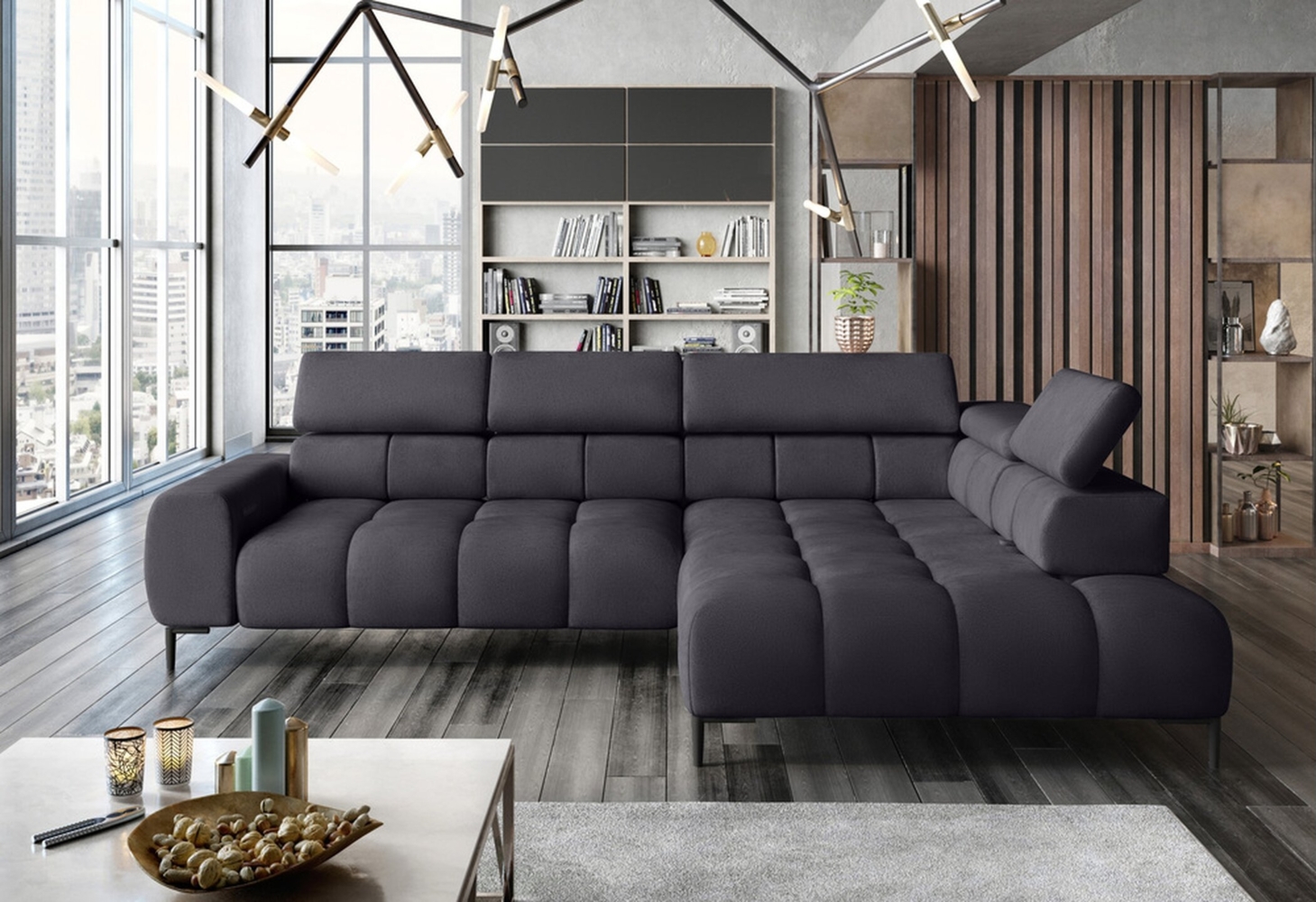 Stylefy Plazetti Ecksofa Velours KRONOS Rechts Grau Bild 1