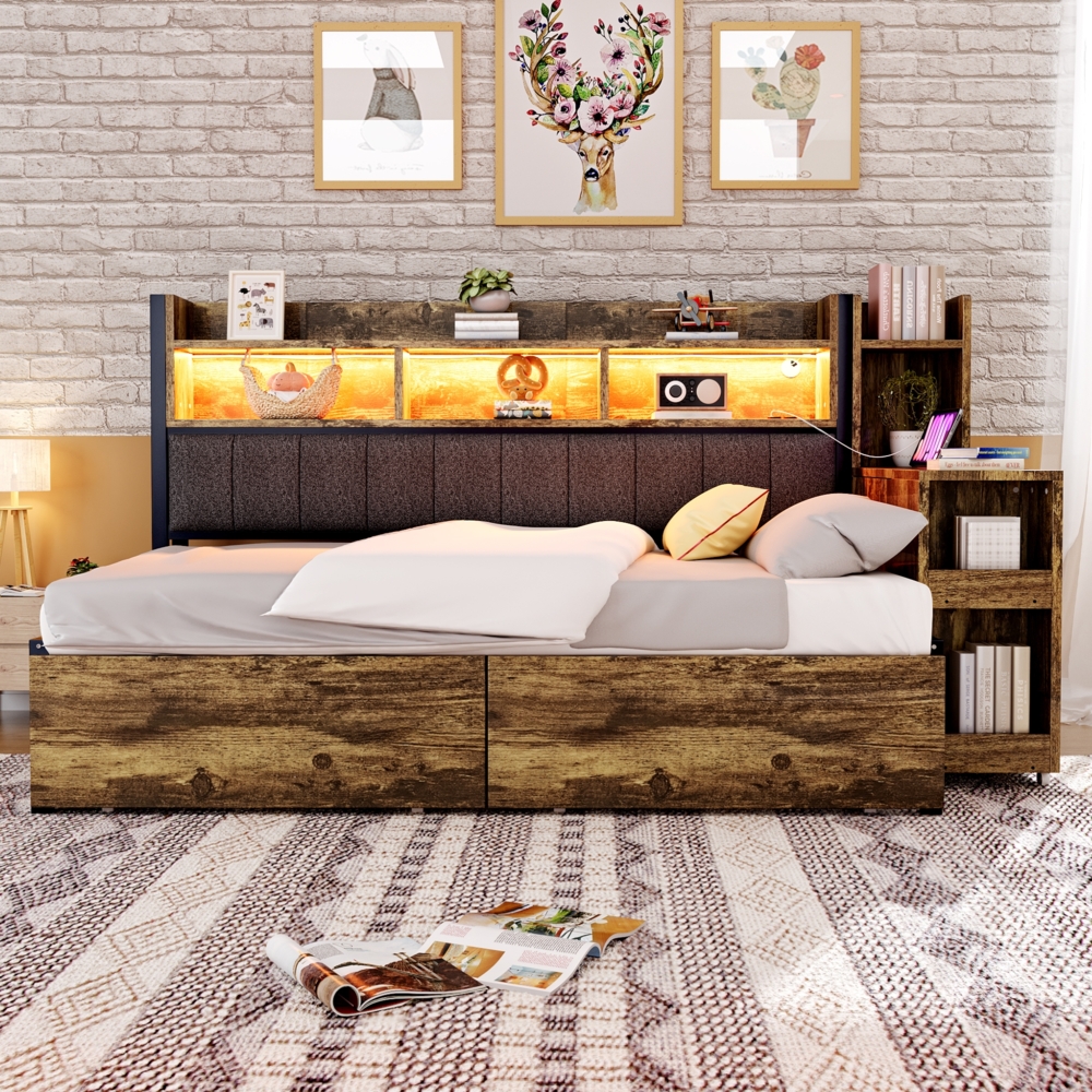 Bett 90x200 cm mit Stauraum und Schreibtisch – Metall & Holz, Natural Wood Bild 1