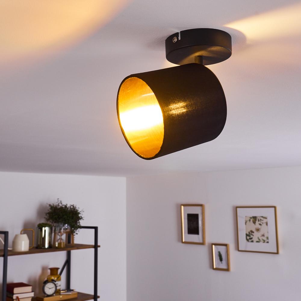 hofstein Deckenleuchte »Costa« Wandlampe aus Metall/Stoff in Schwarz/Gold, ohne Leuchtmittel, 3000 Kelvin, 1xE14, verstellbarer Wandspot mit Stoff-Schirm im Retro/Vintage-Desgin Bild 1