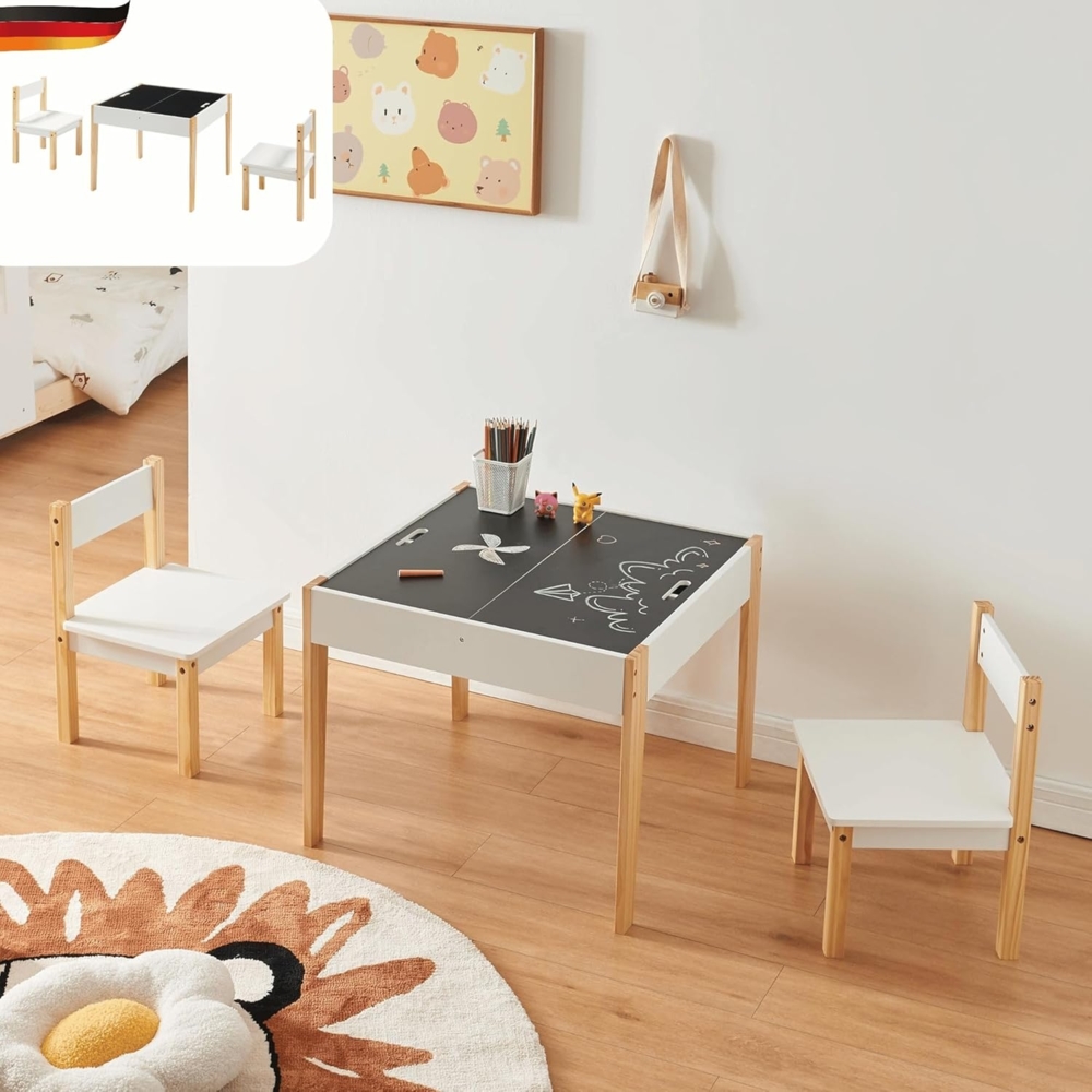 DELUKE® Kindersitzgruppe mit Tafel BOLLI - 3 teilig Kindertisch Set Kindertisch mit 2 Stühlen Kindersitzgruppe aus Holz Tafeltisch Basteltisch Kinderstuhl Set Bild 1