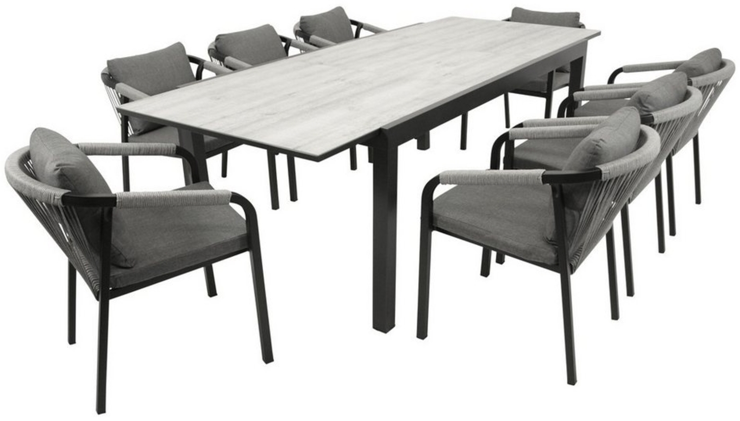 DEGAMO Garten-Essgruppe FARO, (9-tlg, 8x Stapelsessel, 1x Ausziehtisch), Alu anthrazit, Stapelsessel Rope, Ausziehtisch Keramikoptik hell Bild 1