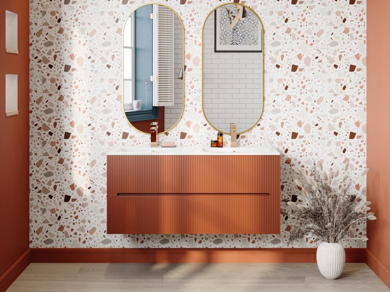 Vente-unique - Waschbeckenunterschrank hängend - Terracotta gerippt - 120 cm - PAVANI Bild 1