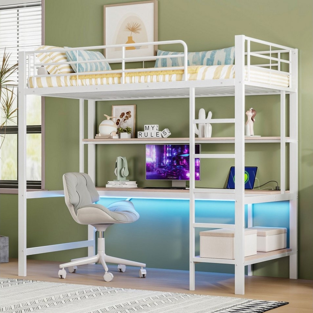 Ulife Hochbett Metallbett Kinderbett Jugendbett mit LED-Leuchten, Schreibtisch (Ohne Matratze) mehrstöckiges Regal, usb und Steckdose Bild 1