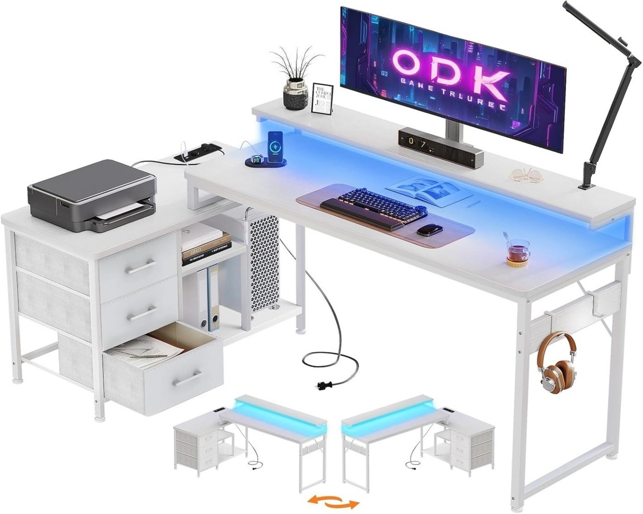 ODK Schreibtisch L Form mit Schubladen, Umkehrbar Eckschreibtisch, mit LED Bild 1