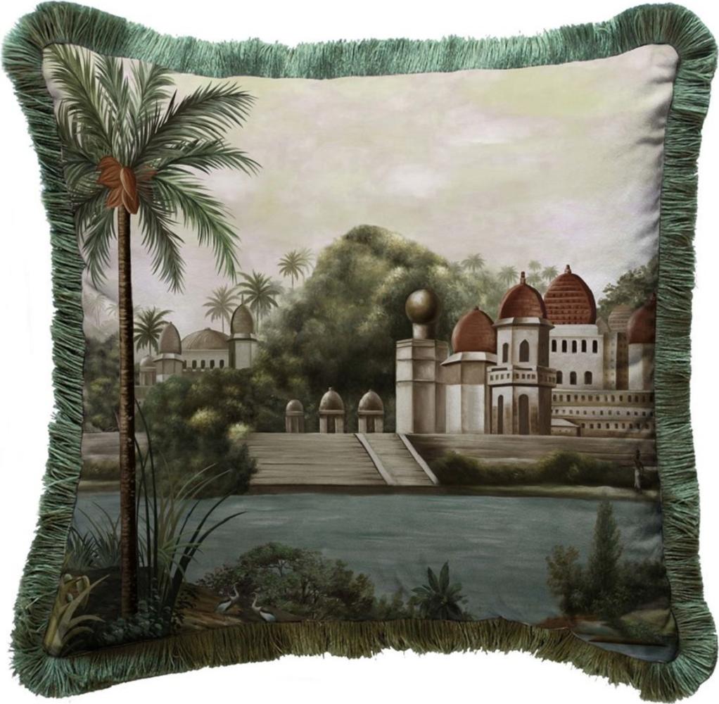 Casa Padrino Luxus Deko Kissen Palast Mehrfarbig / Grün 45 x 45 cm - Bedrucktes Samt Kissen mit Fransen - Luxus Deko Accessoires Bild 1