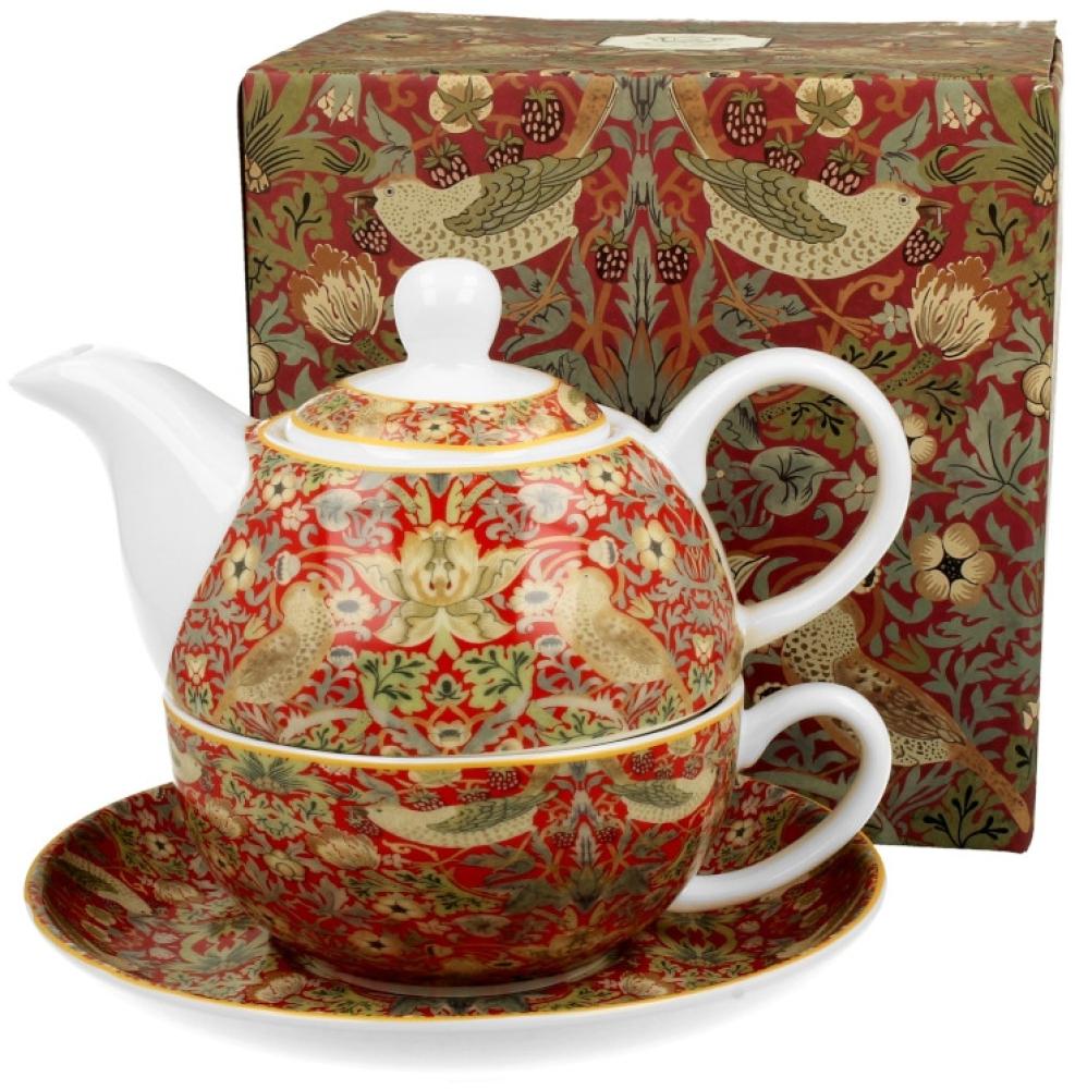 DUO ART GALLERY Tasse mit Teekanne STRAWBERRY THIEF RED New Bone China Porzellan Bild 1