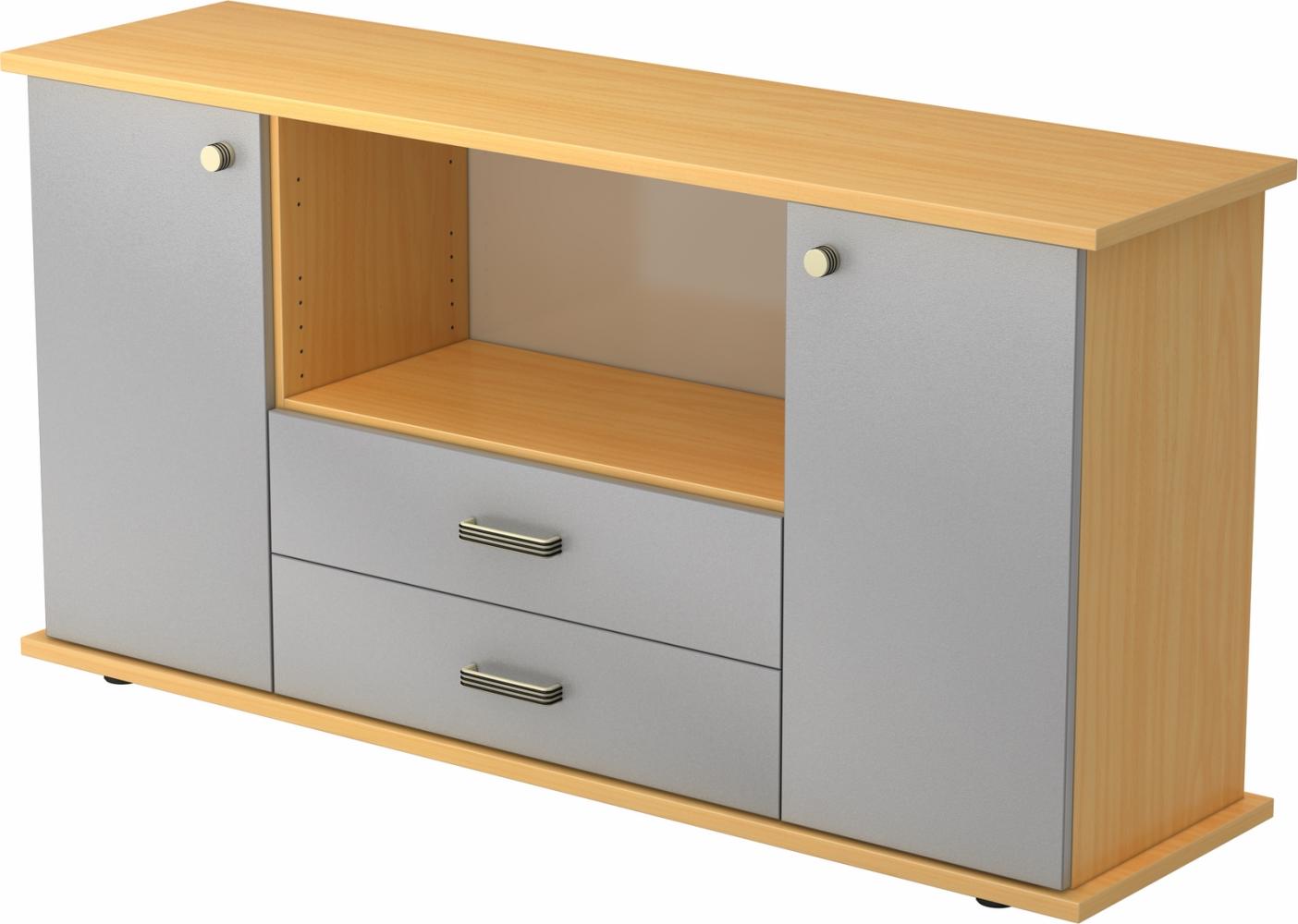 bümö Sideboard Buche/Silber mit Flügeltüren & Regal - Büromöbel Sideboard mit Schubladen Holz 166cm breit, 45cm schmal, Büro Schrank für Flur oder als Wohnzimmer-Kommode mit Streifengriff, SBTS-6-S-SG Bild 1