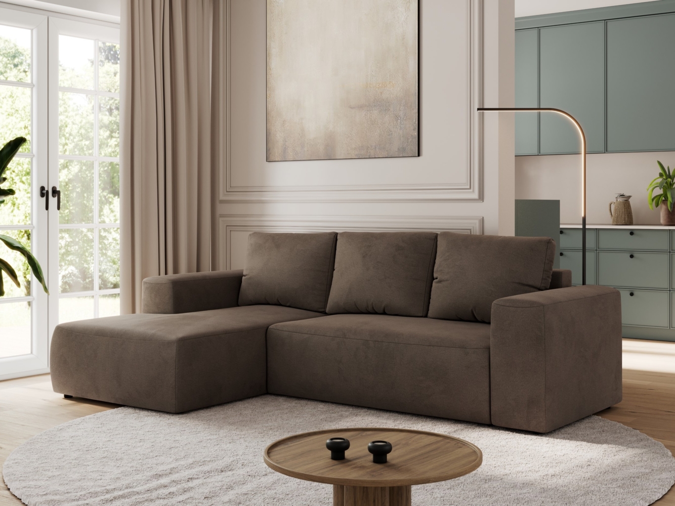 Ecksofa mit Schlaffunktion, Bettkasten und losen Kissen für das Wohnzimmer - TRENTINO - Braun Velvet - links Bild 1