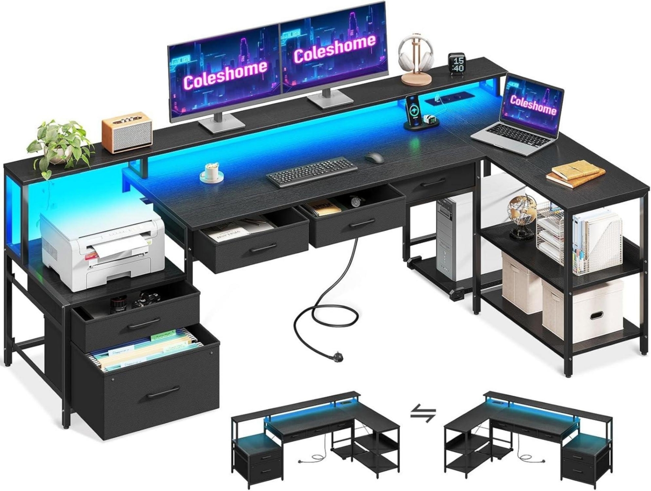 L-förmiger Gaming Schreibtisch mit Schubladen, Steckdose, LED, Monitorständer Bild 1