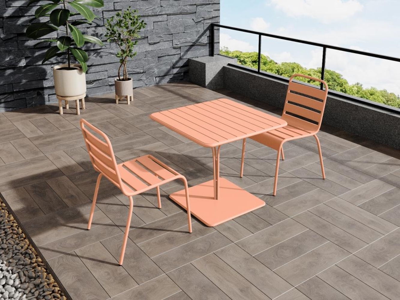 Vente-unique - Garten-Essgruppe: Tisch L. 80 cm + 2 stapelbare Stühle - Metall - Hellorange - MIRMANDE von MYLIA Bild 1