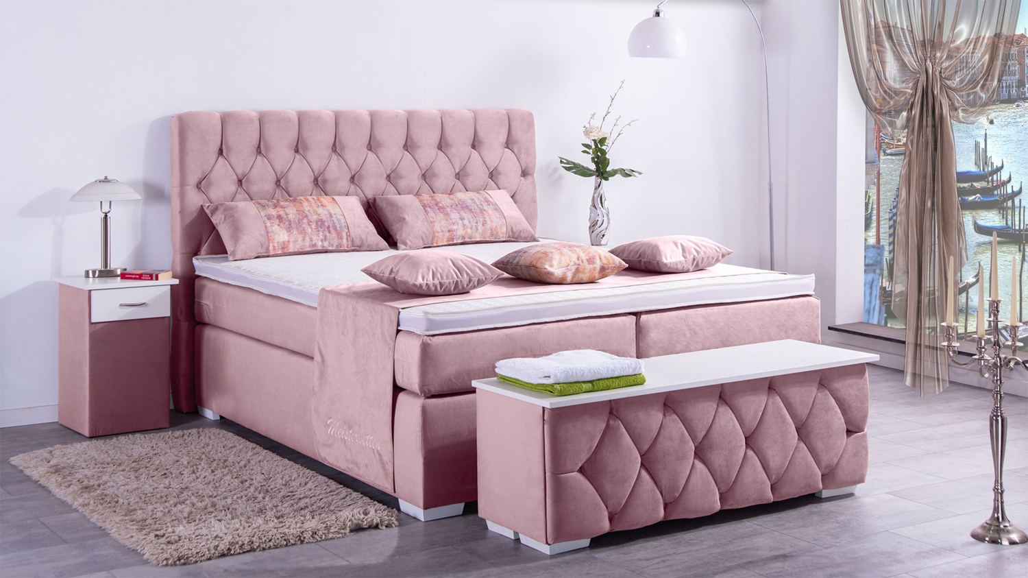 Meisterbetten Boxspringbett Jana 160x220 in VS-Rose, Matratzenbezug Nano, Ergoflex-Topper Bild 1