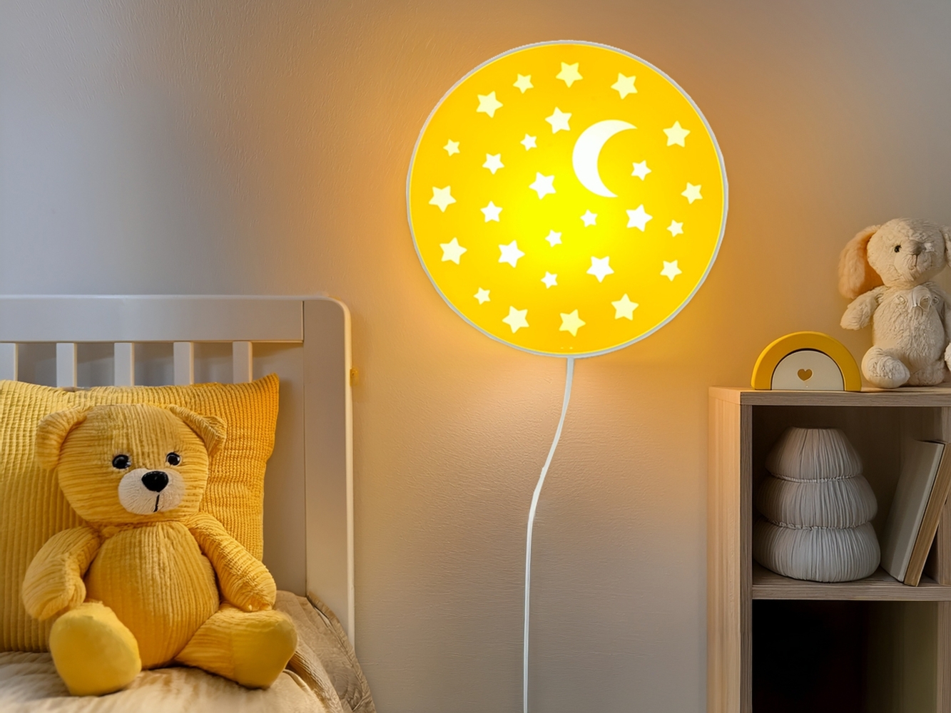 Kinderzimmer Wandlampe Mond & Sterne Gelb, Schalter & Stecker, Ø25cm Bild 1