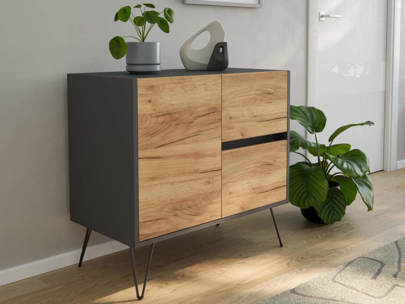 Raumwunder S Sideboard Greifraum 80cm 2 SoftClose 1 Tür Grafit/Eiche Front : Oak Gold / Grafit Bild 1