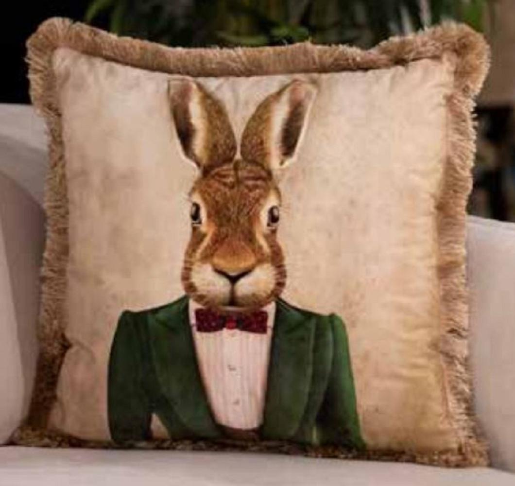 Casa Padrino Luxus Deko Kissen Gentleman Hase Creme / Mehrfarbig / Braun 45 x 45 cm - Bedrucktes Samt Kissen mit Fransen - Luxus Qualität Bild 1