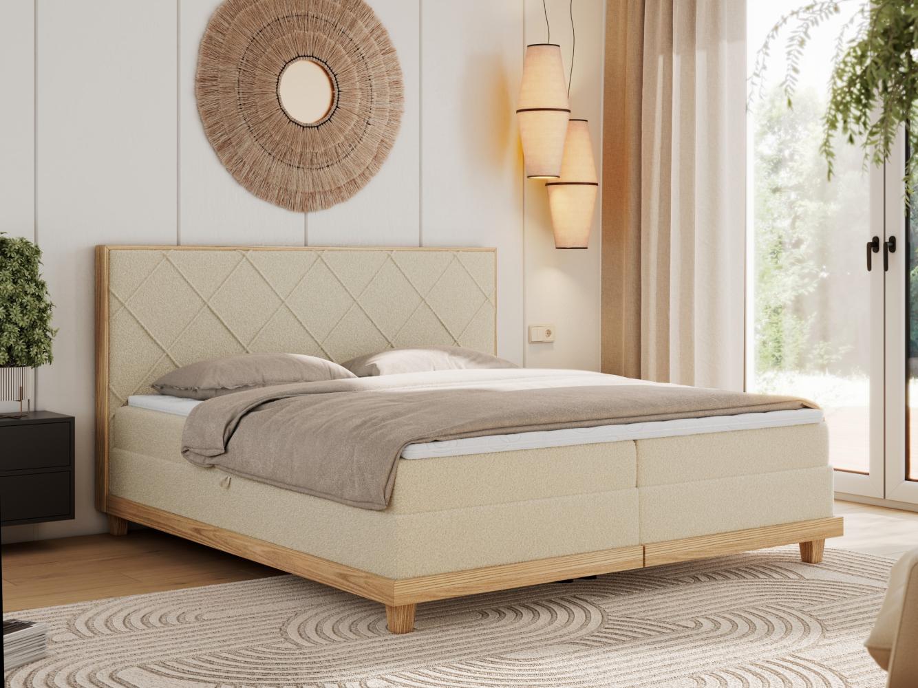 Boxspringbett mit Massivholzelementen und Multipocket - Matratzen - CAICOS - 160 x 200 cm - Beige Boucle - H3 Bild 1