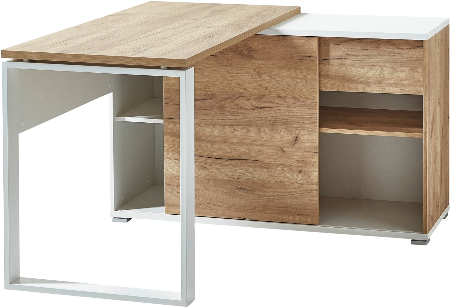 bümö Schreibtisch 120x60 cm mit integriertem Sideboard in Weiß-Eiche, Eckschreibtisch mit Schubladen & Regal - Winkelschreibtisch L-Form, PC Tisch, Computertisch für's Büro, Bürotisch, HYWS-513 Bild 1