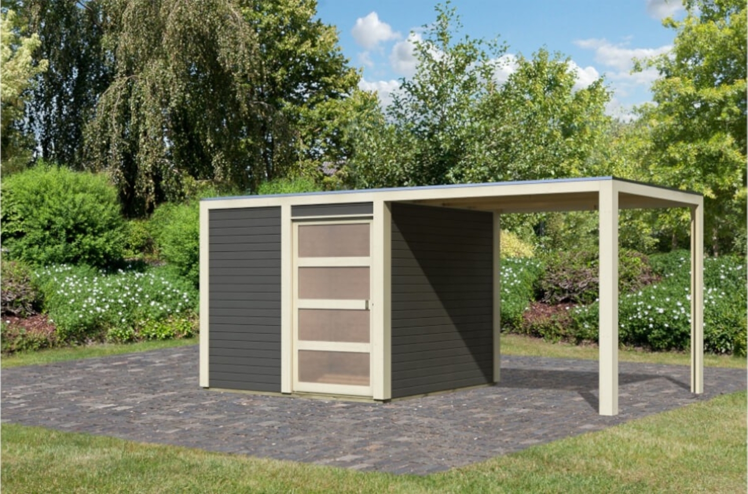 Gartenhaus Qubic 1 - 246x246 cm plus Anbaudach 2,40m, 19 mm Holz terragrau, Karibu Bild 1