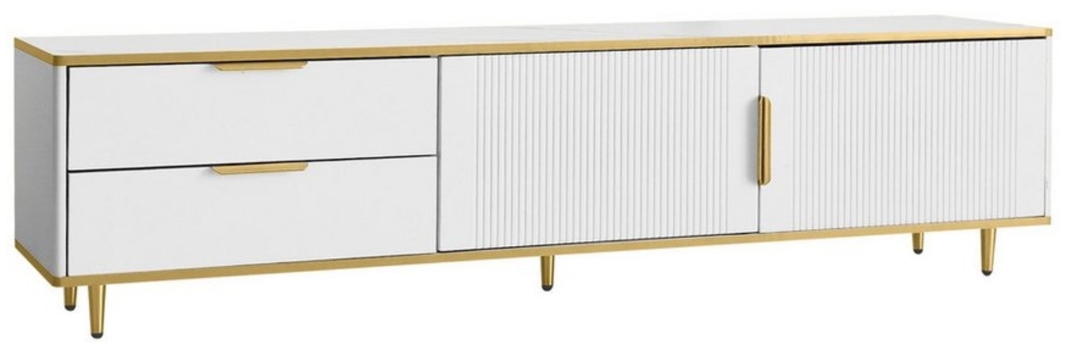 OKWISH Lowboard TV-Schrank (Fernsehtisch, TV-Board mit Marmorstruktur, 2 Schubladen und 2 Türen), mit niedriger Teller mit geschnitzter Textur, goldenen Griffen/Füßen Bild 1