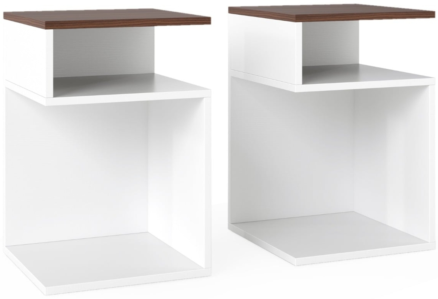 2er Set S-förmiger Beistelltisch mit 2 Offenen Fächern Nachttisch Sofatisch Weiß + Walnuss Bild 1