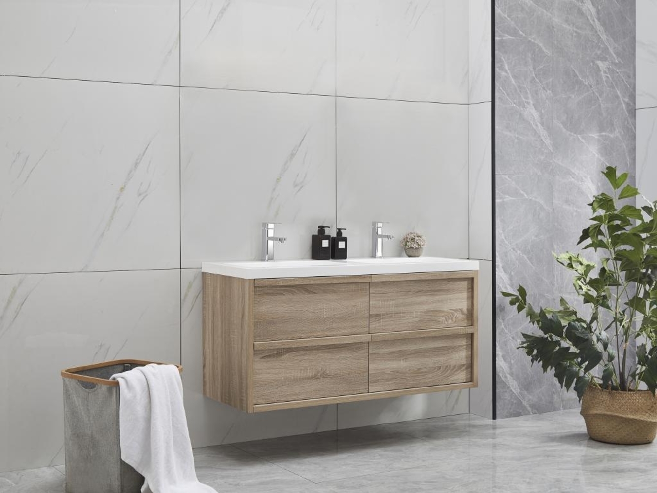 Vente-unique - Badezimmermöbel hängend mit Einbauwaschbecken - 120 cm - Helle Naturfarben - QUADRA Bild 1