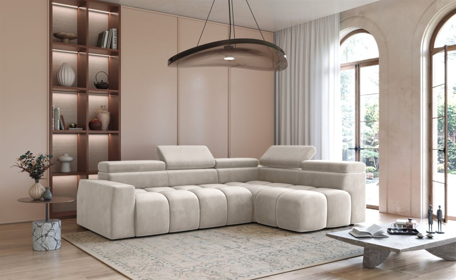 Ecksofa Designersofa DARCY in Stoff Salvador Beige Ottomane Rechts Bild 1
