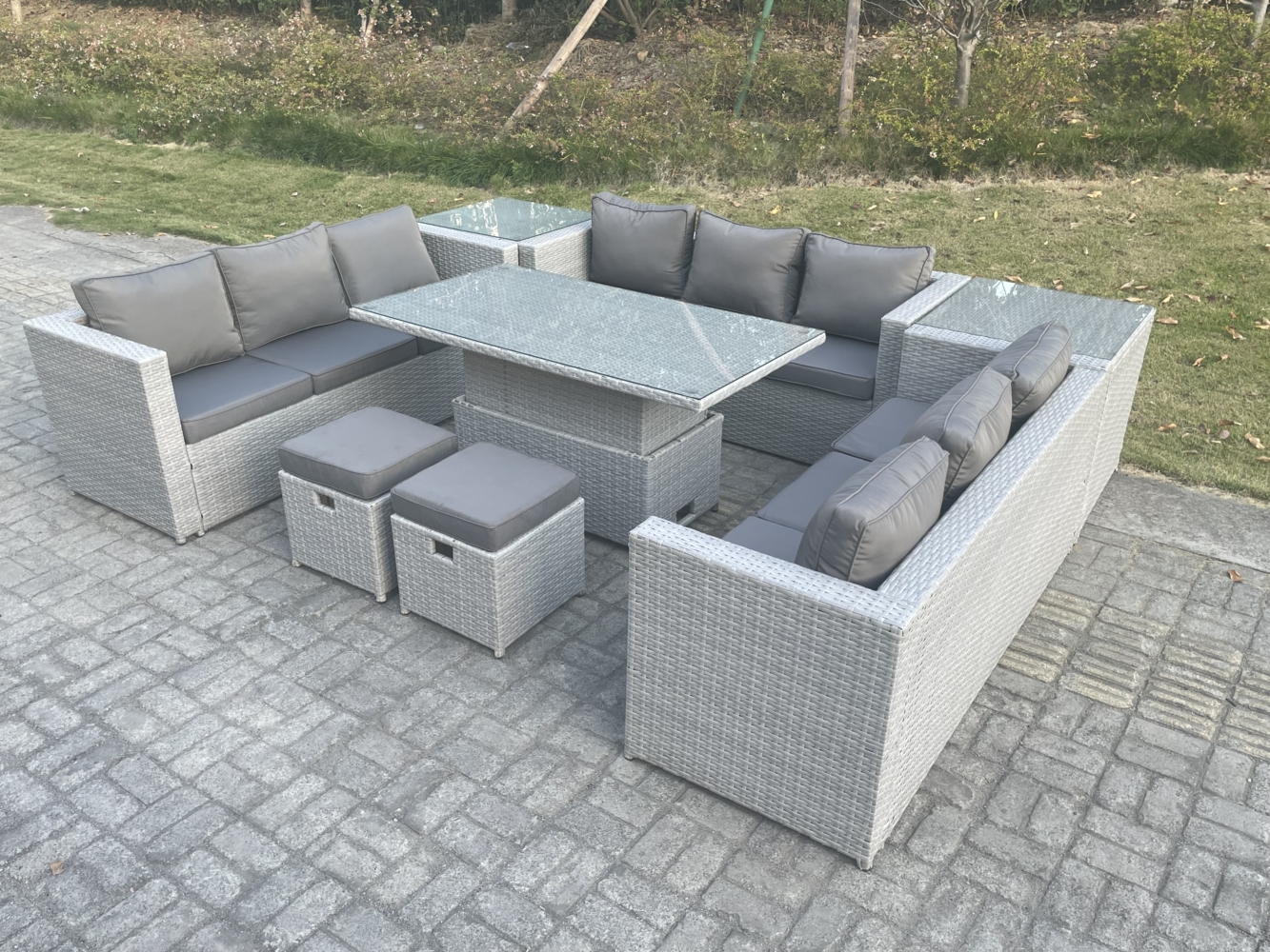 Fimous Rattan Gartenmöbel Set mit Sofa; Höhe verstellbar Esstisch und 2 Hocker;2 Beistelltisch;Outdoor Terrassen Essgruppe 8-teilige Sitzgruppe Helles Grau Bild 1