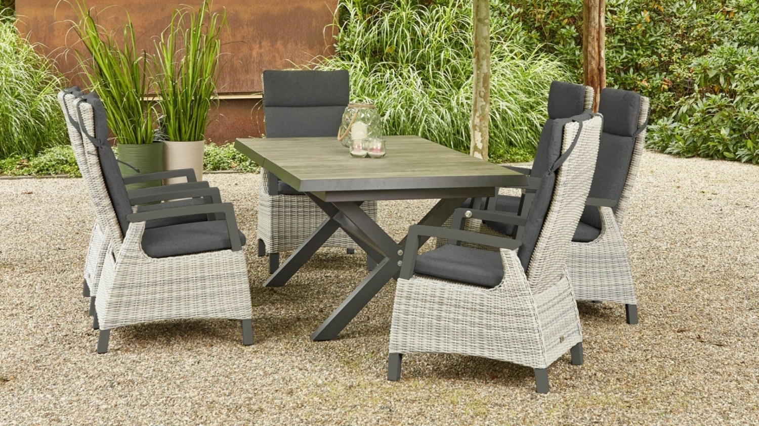 SIENA GARDEN Corido Sitzgruppe mit 6 Diningsesseln ice grey und 1 Sincro Automatik-Ausziehtisch grey Bild 1