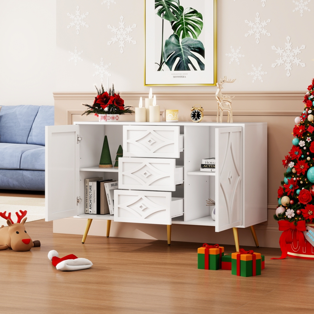 Sideboard mit 3D-Rautenmuster, Kommode mit 2 Türen und 3 Schubladen mit melaminbeschichteter Oberfläche, mattweiß Bild 1