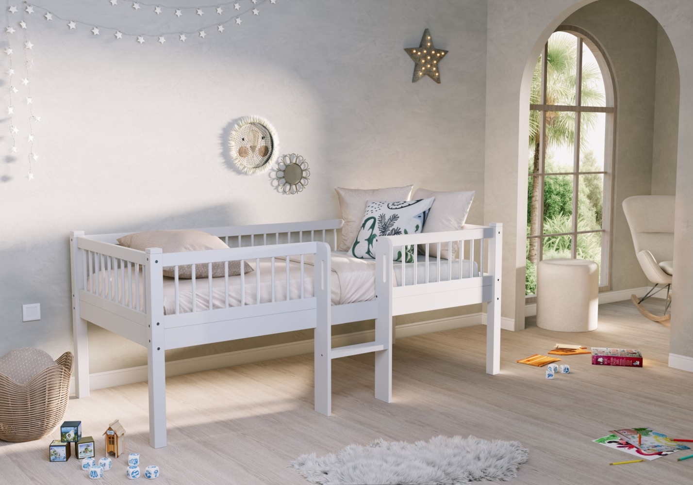 FORREST Buche Junior-Spielbett 90x200 cm, inkl. Lattenrost und Leiter, Ausf. Buche massiv weiß lackiert Bild 1