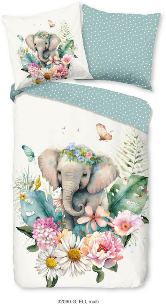 good morning Kinderbettwäsche Eli, Renforcé, 2 teilig, Baumwolle, 135x200, Reißverschluss, Wendeoptik, Kind, Mädchen, Elefant Bild 1