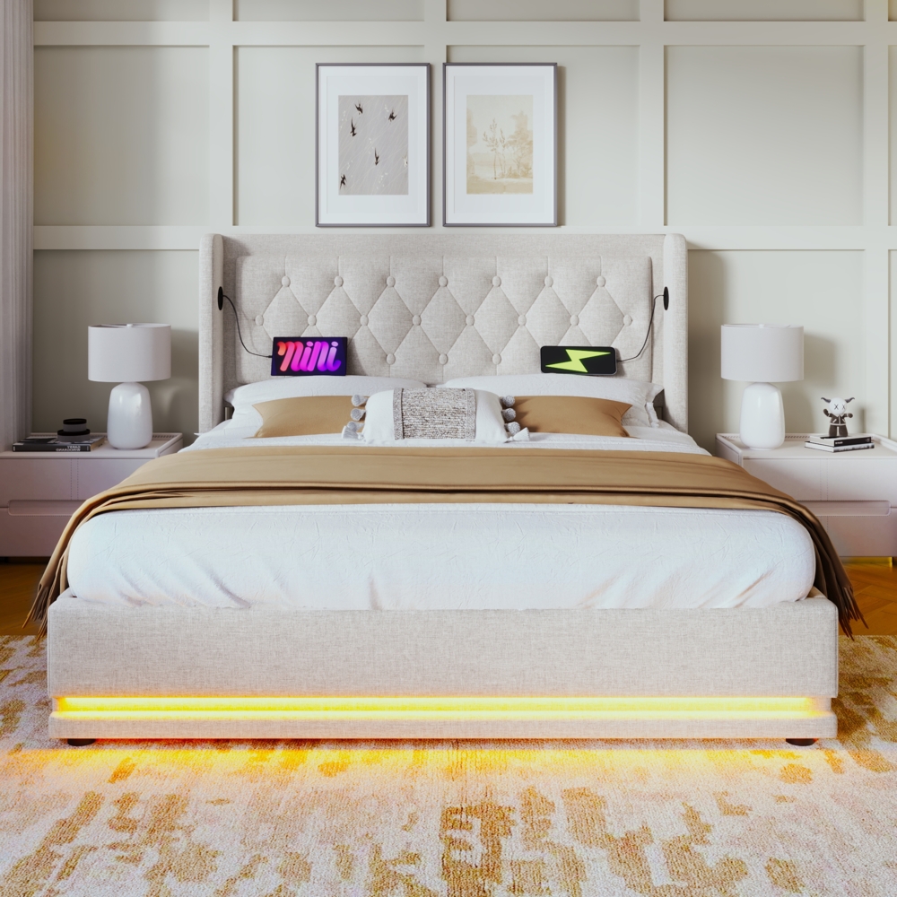 Polsterbett 160x200 cm aus Baumwolle mit Stauraum, USB- und Type-C-Anschlüssen und LED-Beleuchtung Bild 1