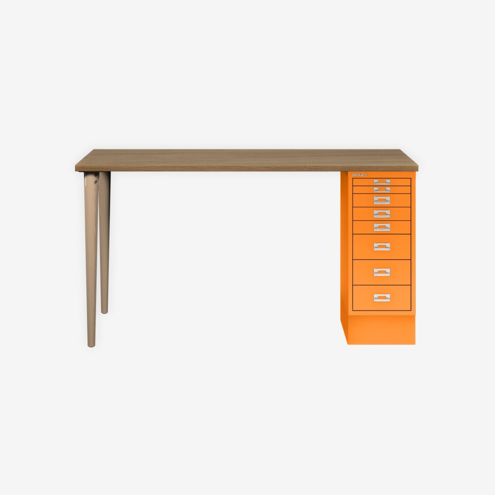 MultiDesk, 2 Eichenfüße, 1 MultiDrawer mit 8 Schüben, Dekor natürliche Eiche, Farbe Orange, Maße: H 740 x B 1400 x T 600 mm Bild 1