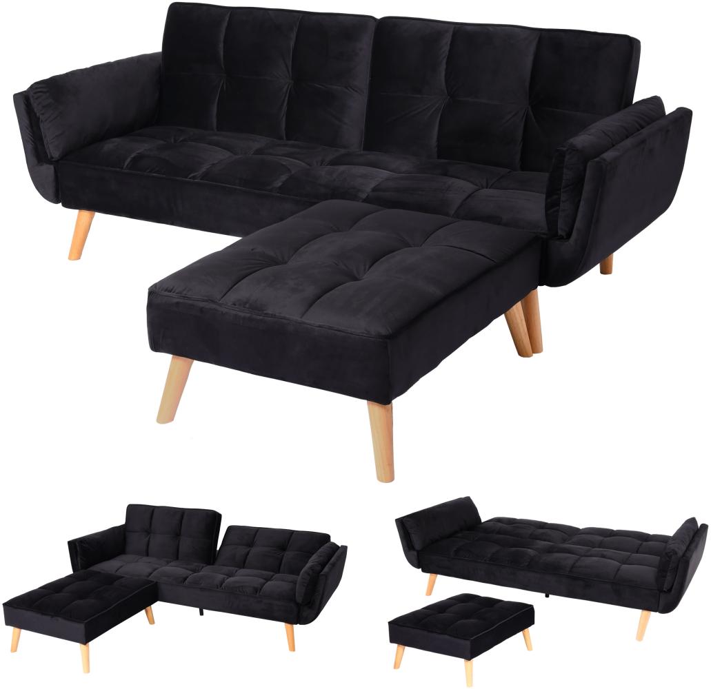 Schlafsofa HWC-K18 mit Ottomane, Couch Sofa Gästebett, Schlaffunktion 218x175cm ~ Samt schwarz Bild 1