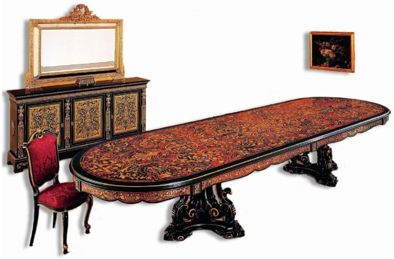 Casa Padrino Luxus Barock Boulle Esstisch Schwarz / Rot / Gold 400 x 130 x H. 80 cm - Handgefertigter Massivholz Esszimmertisch - Barock Esszimmer Möbel - Edel & Prunkvoll Bild 1