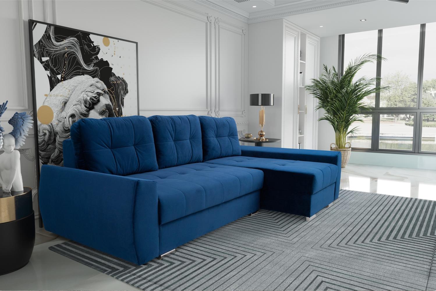 MEBLINI Schlafcouch mit Bettkasten - FURLA – 250x151x90cm Rechts – Blau Samt - Kleines Ecksofa mit Schlaffunktion - Sofa mit Relaxfunktion und Kissen - Kleine Couch L-Form – Eckcouch Bild 1