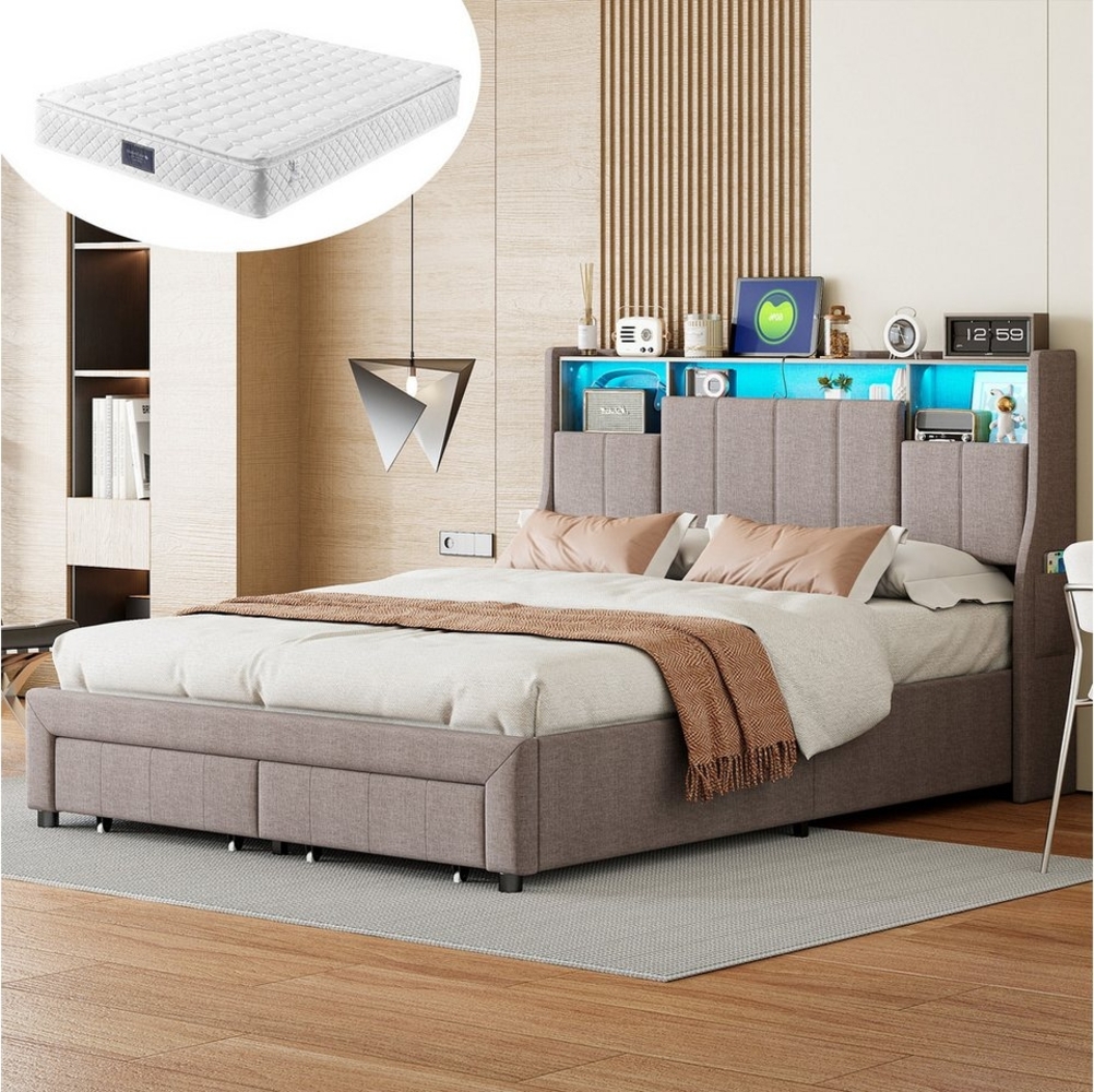 Furnishings Home Polsterbett Doppelbett Stauraumbett, Mit Matratze (Inkl. Zwei USB + Zwei Steckdosen), Mit LED Beleuchtung, Ladefunktion, 2 Schubladen, Leinen, 140x200 cm Bild 1
