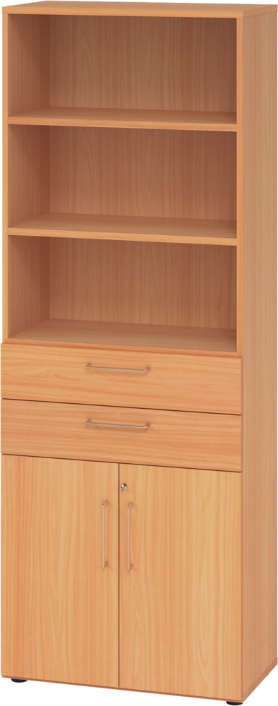 bümö Aktenregal & Schrank abschließbar, Büroschrank Regal & Schubladen Kombination Holz 80cm breit in Buche - Schrank für's Büro & Arbeitszimmer, Büro Möbel Ordnerschrank, 968K2-6-6-BS Bild 1